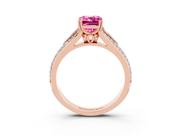 Rose gold Emerald Cut Pink Sapphire Split Shank Engagement Ring with Pavé Band