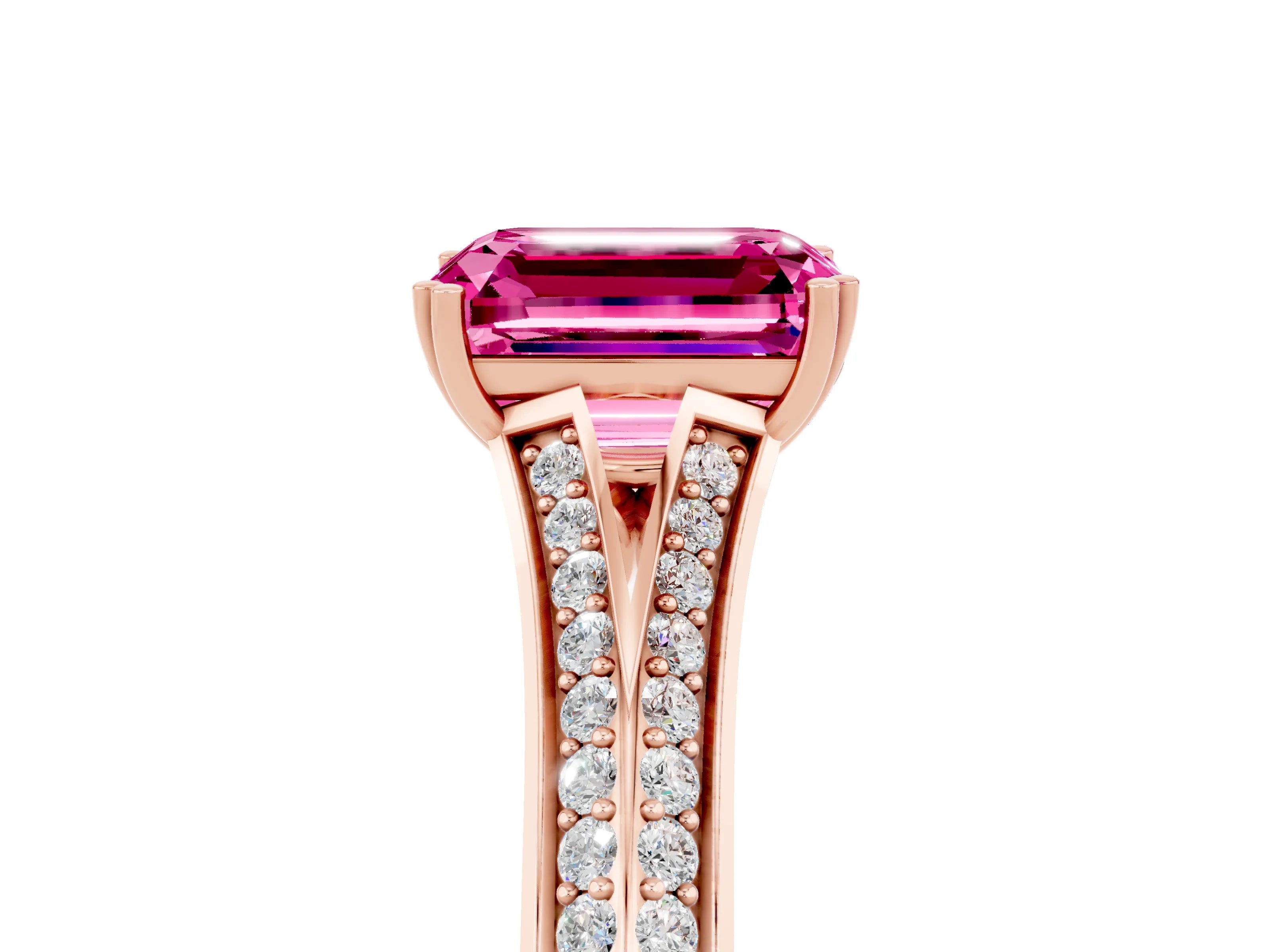 Rose gold Emerald Cut Pink Sapphire Split Shank Engagement Ring with Pavé Band_29