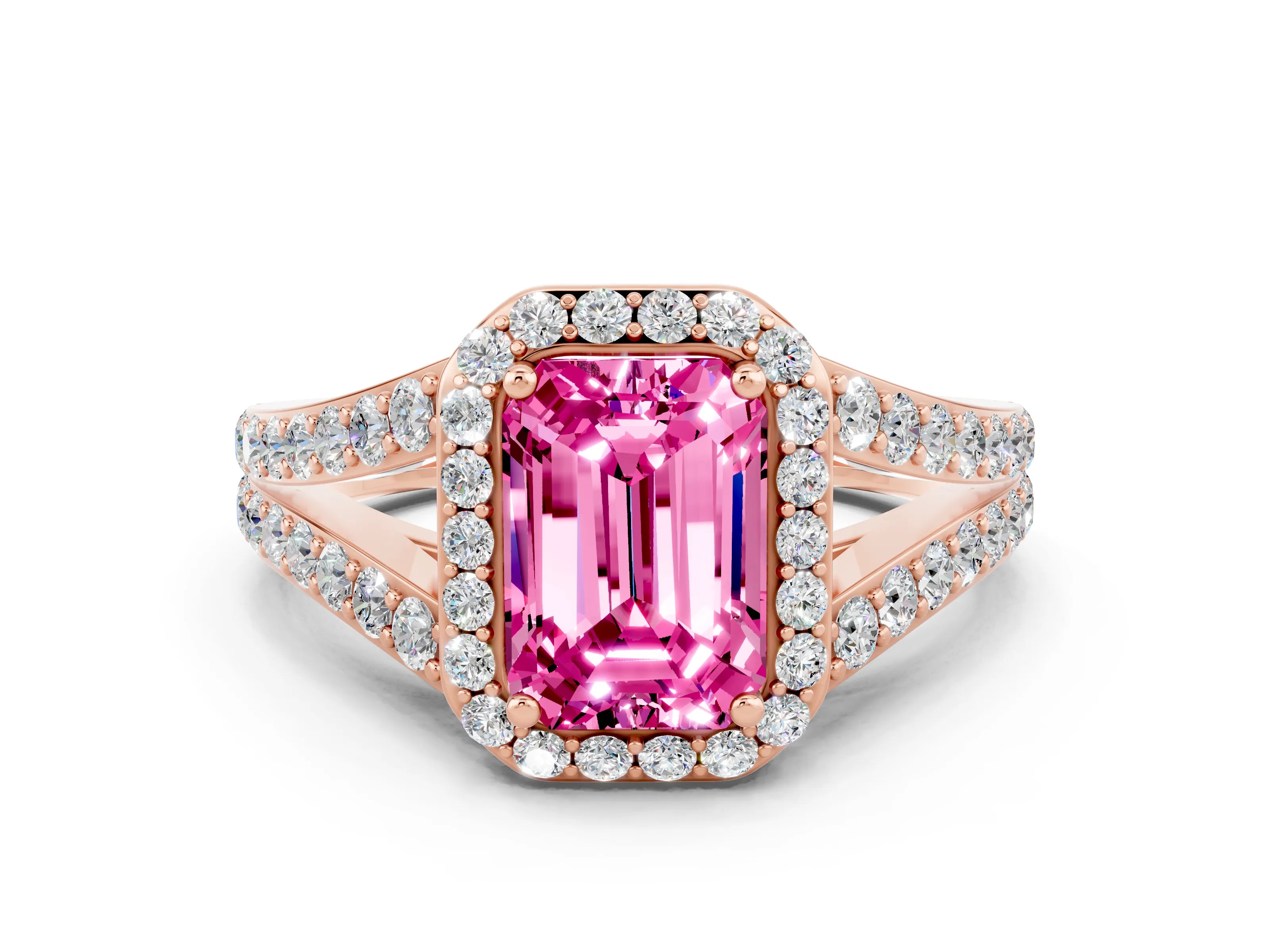 Rose gold Emerald Cut Pink Sapphire Split Shank Halo Ring with Four-Prong Setting_12