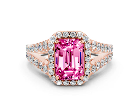 Rose gold Emerald Cut Pink Sapphire Split Shank Halo Ring with Four-Prong Setting_12