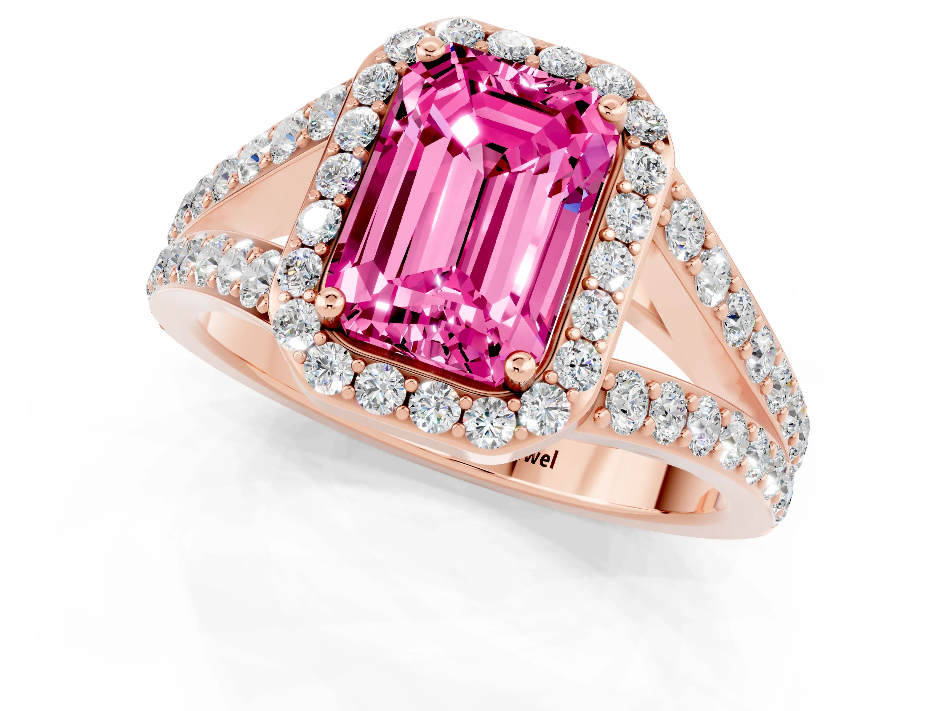 Rose gold Emerald Cut Pink Sapphire Split Shank Halo Ring with Four-Prong Setting_13