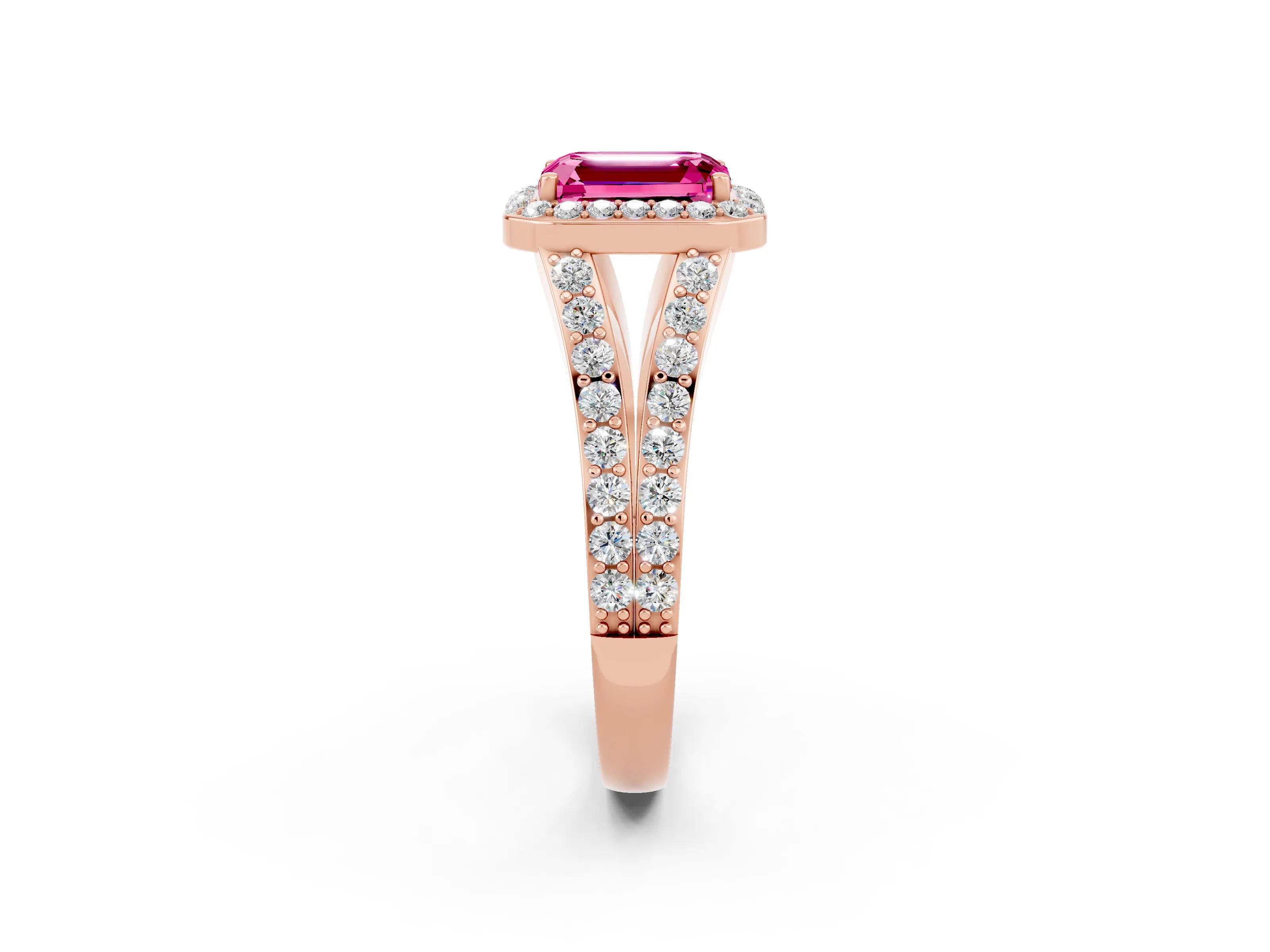 Rose gold Emerald Cut Pink Sapphire Split Shank Halo Ring with Four-Prong Setting_14
