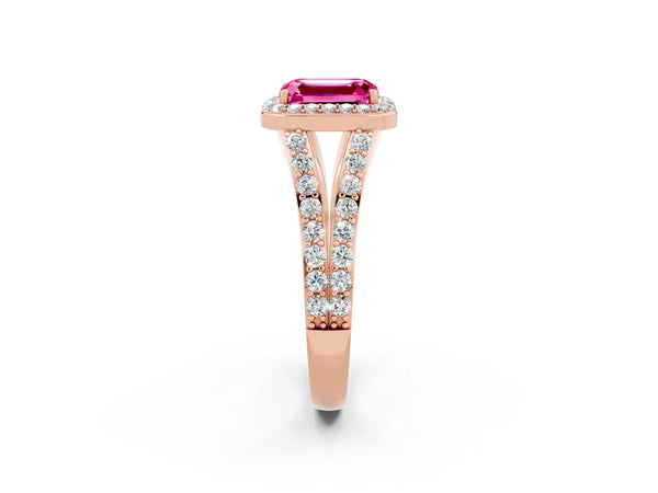 Rose gold Emerald Cut Pink Sapphire Split Shank Halo Ring with Four-Prong Setting