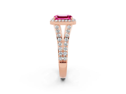 Rose gold Emerald Cut Pink Sapphire Split Shank Halo Ring with Four-Prong Setting_14
