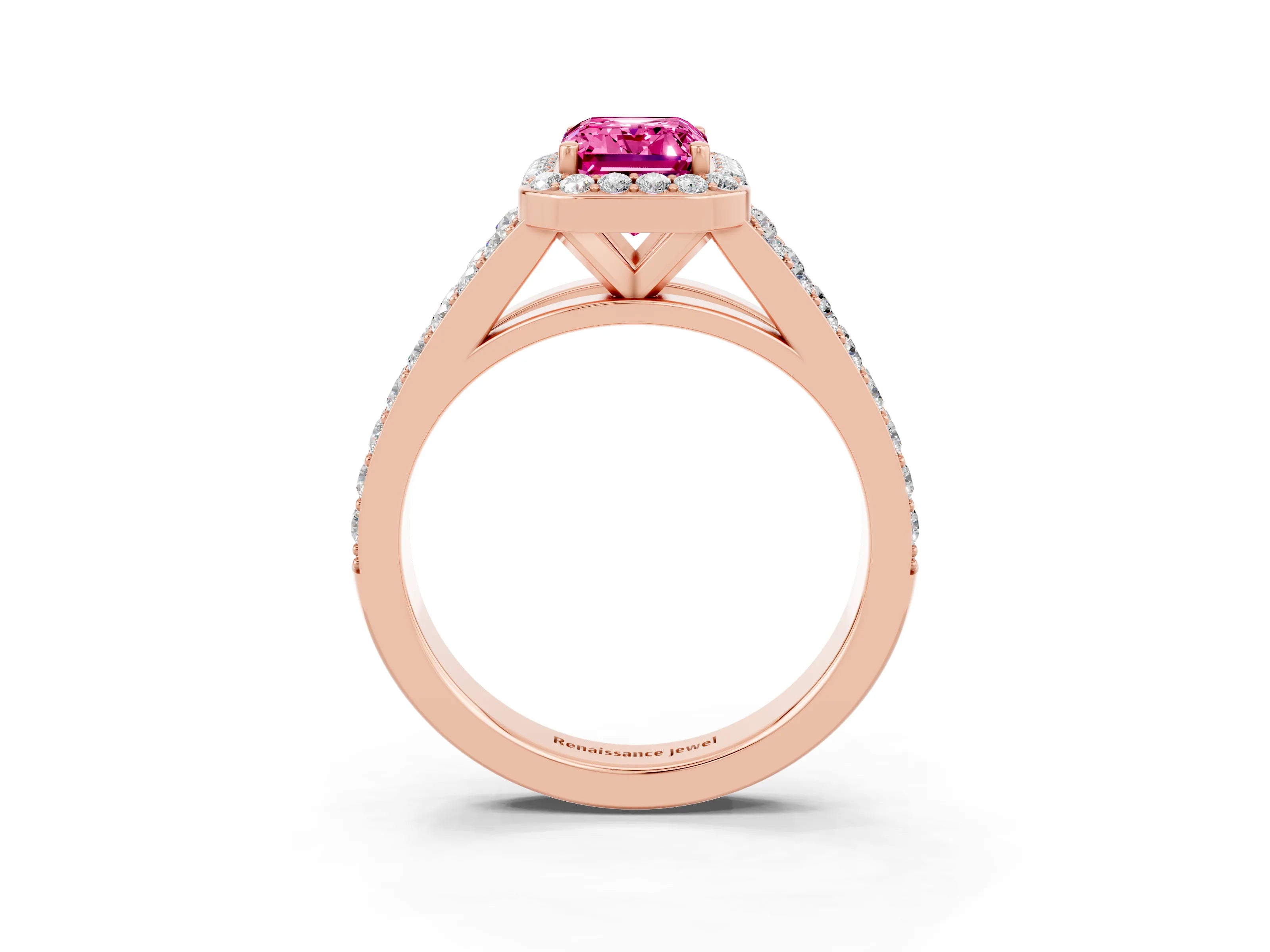 Rose gold Emerald Cut Pink Sapphire Split Shank Halo Ring with Four-Prong Setting_15
