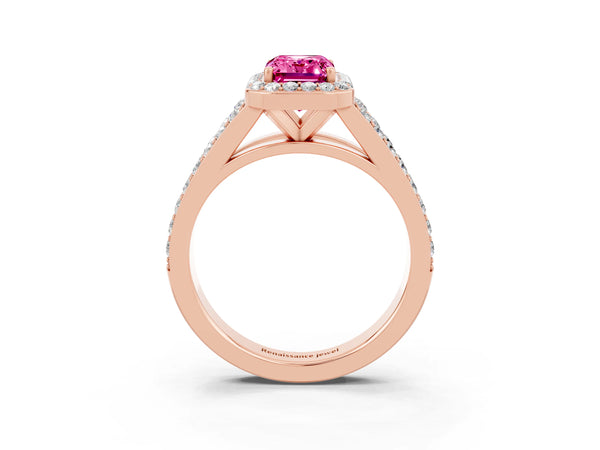 Rose gold Emerald Cut Pink Sapphire Split Shank Halo Ring with Four-Prong Setting
