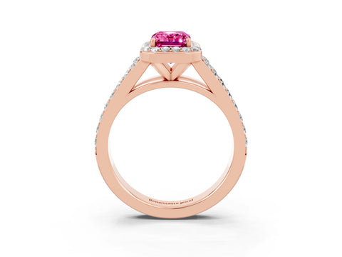 Rose gold Emerald Cut Pink Sapphire Split Shank Halo Ring with Four-Prong Setting_15