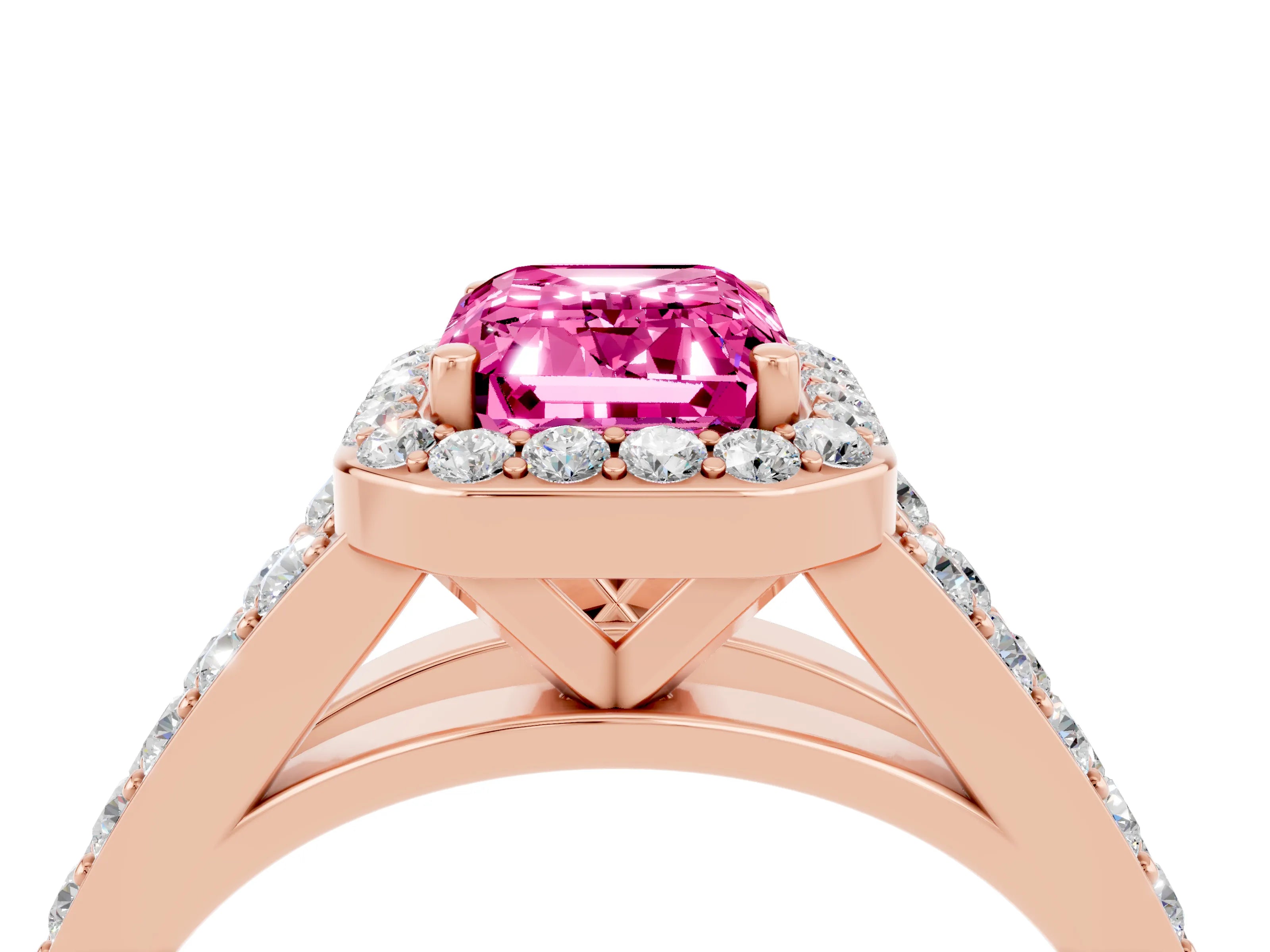 Rose gold Emerald Cut Pink Sapphire Split Shank Halo Ring with Four-Prong Setting_16