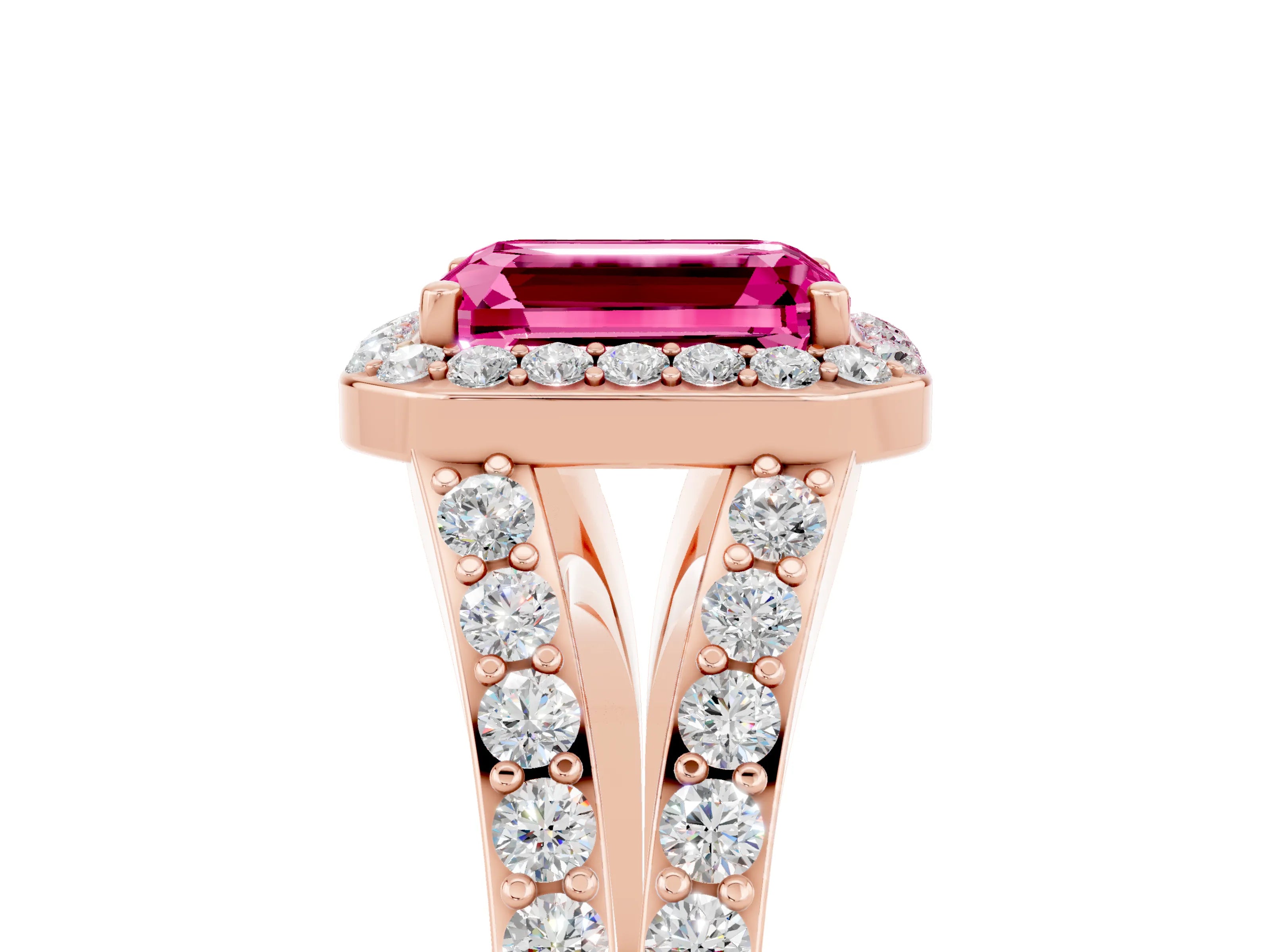 Rose gold Emerald Cut Pink Sapphire Split Shank Halo Ring with Four-Prong Setting_17