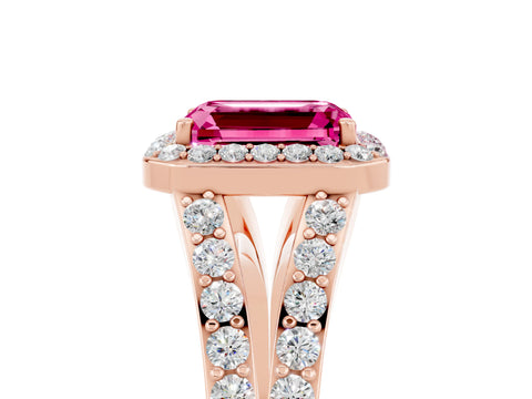 Rose gold Emerald Cut Pink Sapphire Split Shank Halo Ring with Four-Prong Setting_17