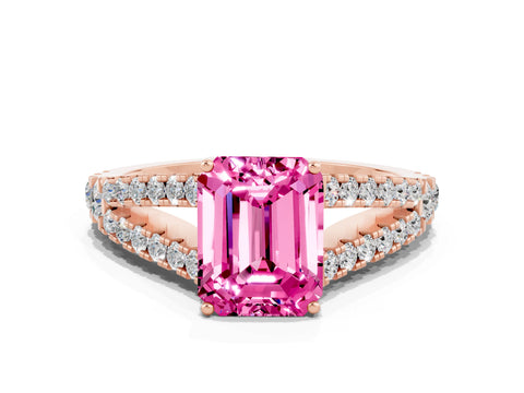 Rose gold Emerald Cut Pink Sapphire Split Shank Pavé Engagement Ring with Four-Prong Setting_12