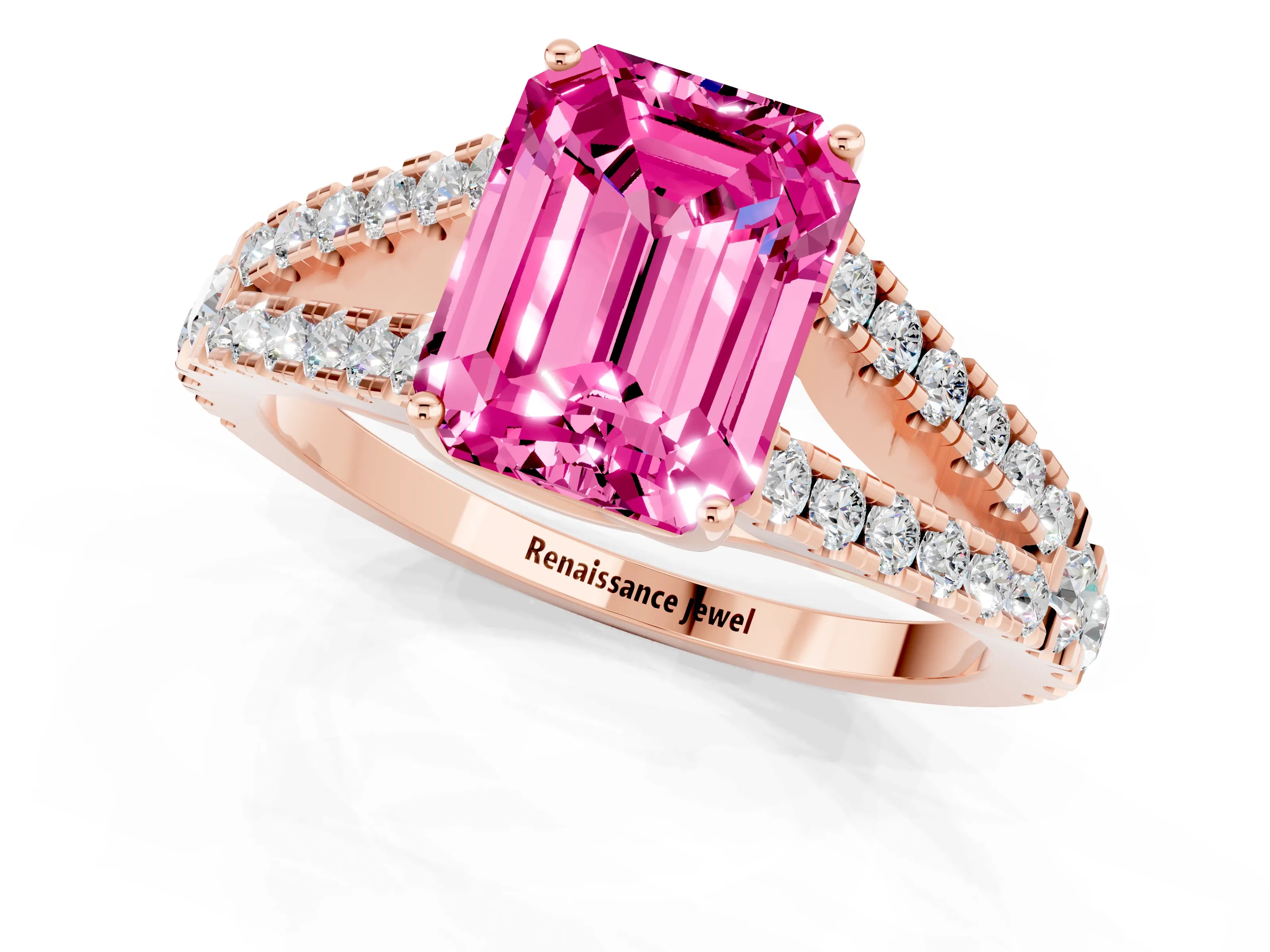 Rose gold Emerald Cut Pink Sapphire Split Shank Pavé Engagement Ring with Four-Prong Setting_13
