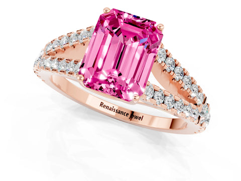 Rose gold Emerald Cut Pink Sapphire Split Shank Pavé Engagement Ring with Four-Prong Setting_13