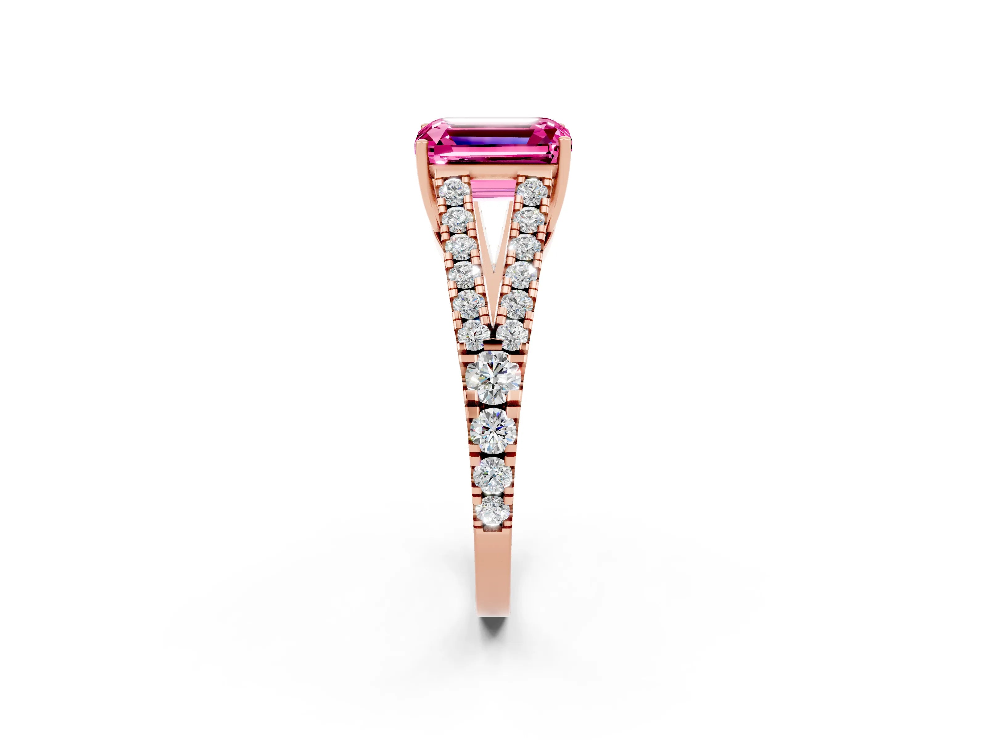 Rose gold Emerald Cut Pink Sapphire Split Shank Pavé Engagement Ring with Four-Prong Setting_14