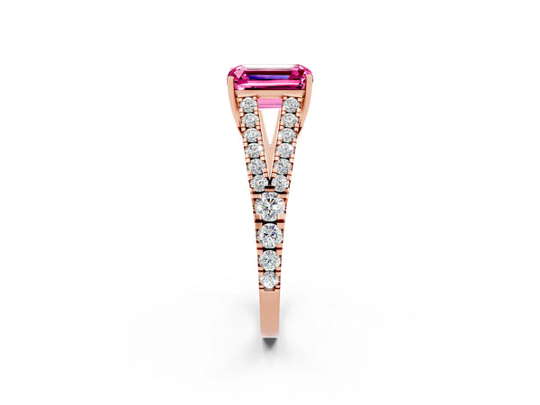 Rose gold Emerald Cut Pink Sapphire Split Shank Pavé Engagement Ring with Four-Prong Setting