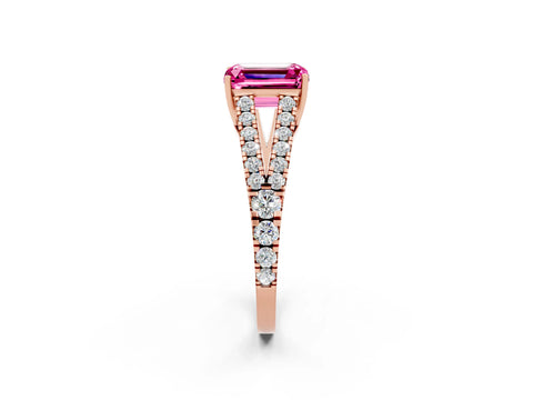 Rose gold Emerald Cut Pink Sapphire Split Shank Pavé Engagement Ring with Four-Prong Setting_14
