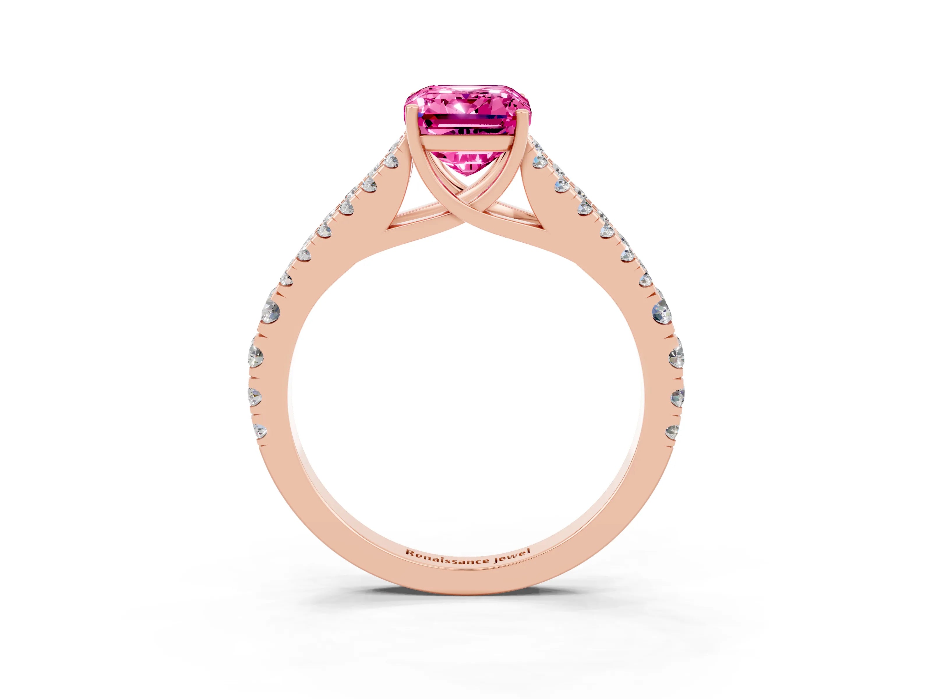 Rose gold Emerald Cut Pink Sapphire Split Shank Pavé Engagement Ring with Four-Prong Setting_15