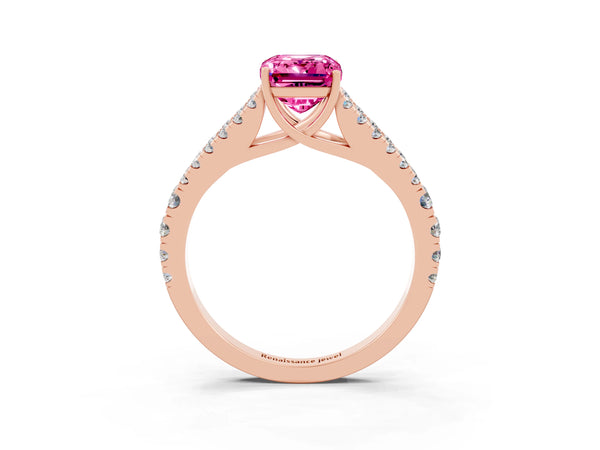 Rose gold Emerald Cut Pink Sapphire Split Shank Pavé Engagement Ring with Four-Prong Setting