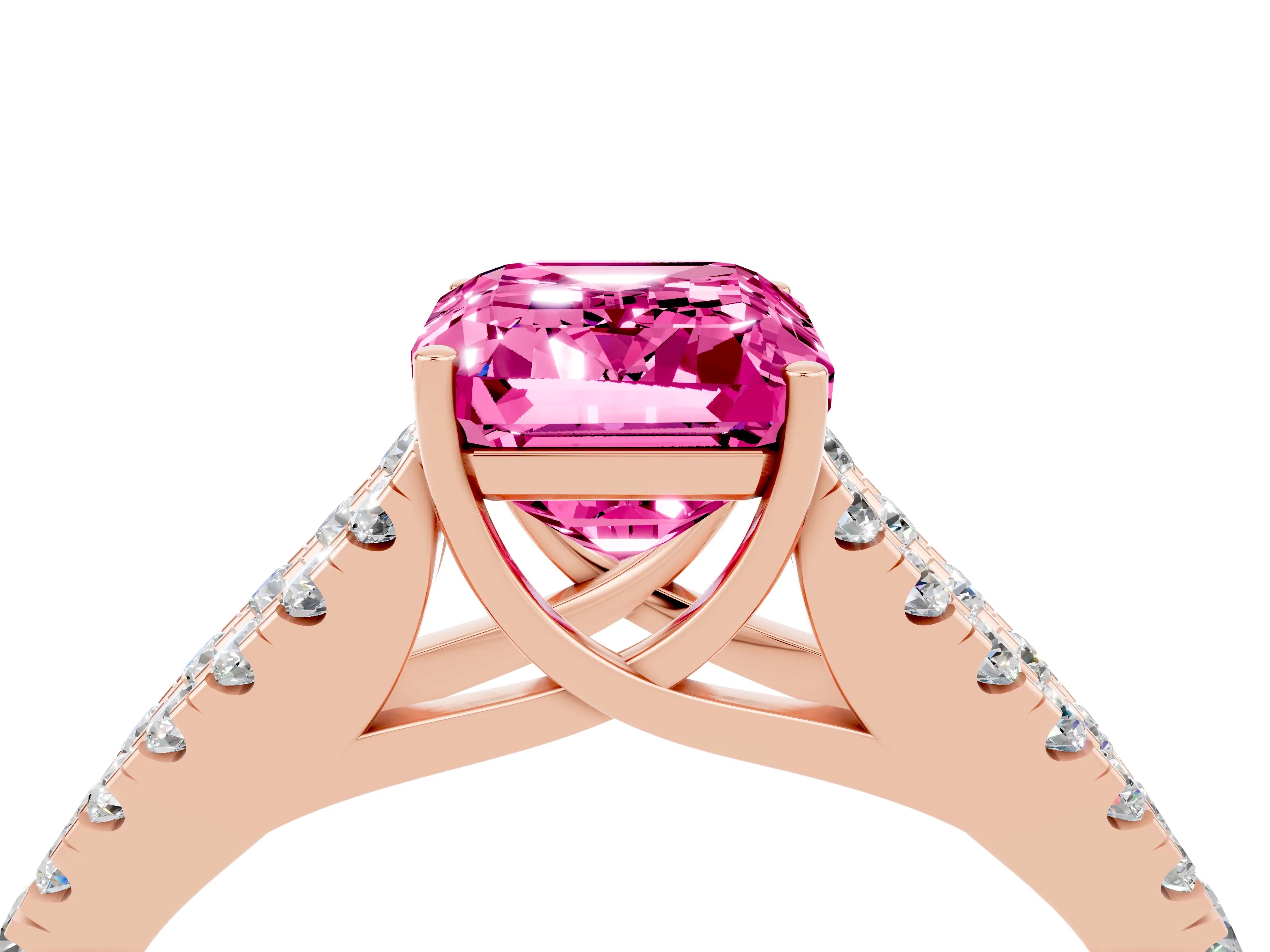 Rose gold Emerald Cut Pink Sapphire Split Shank Pavé Engagement Ring with Four-Prong Setting_16