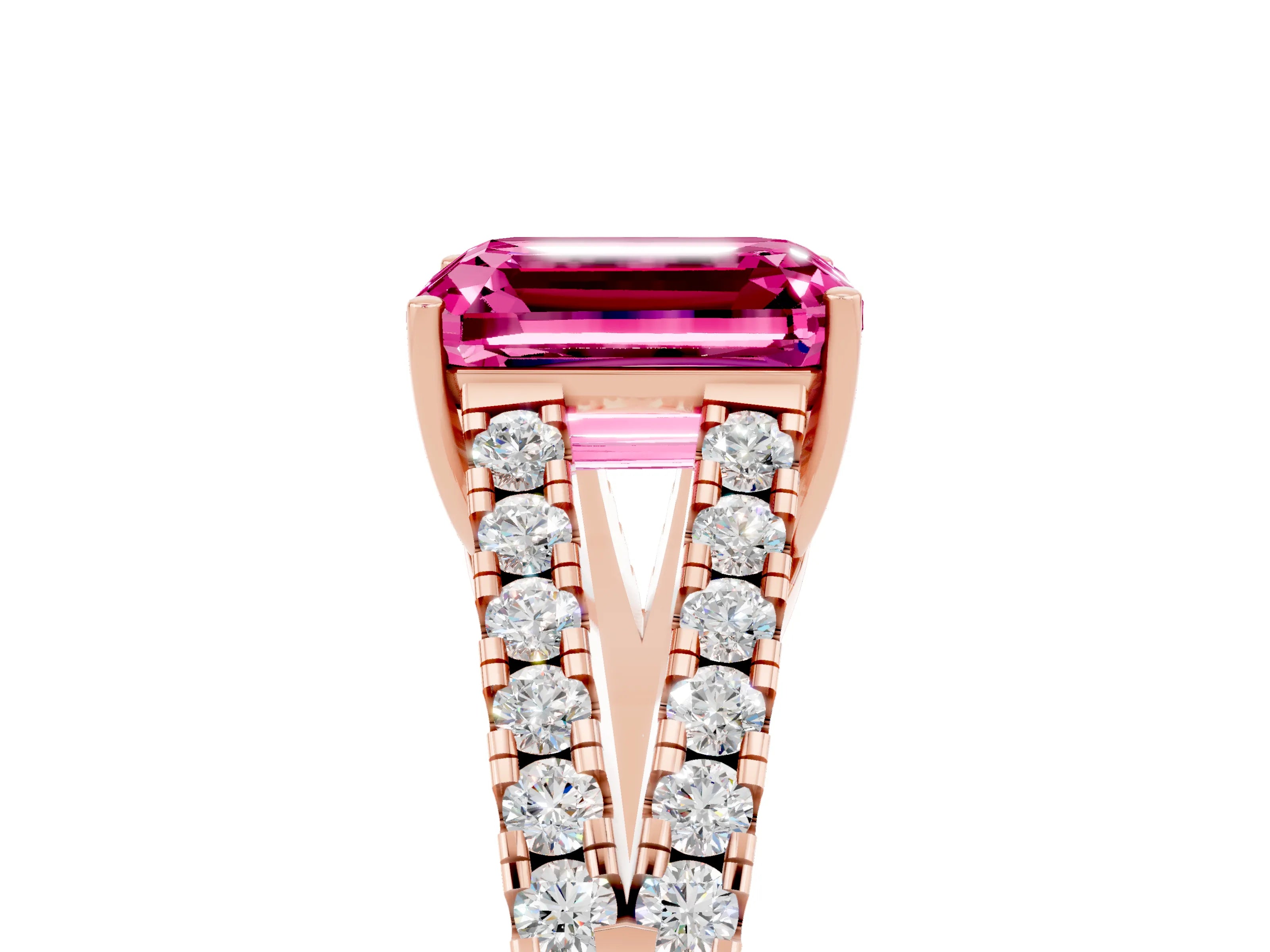 Rose gold Emerald Cut Pink Sapphire Split Shank Pavé Engagement Ring with Four-Prong Setting_17