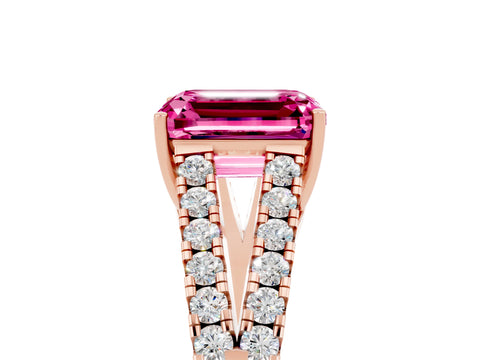 Rose gold Emerald Cut Pink Sapphire Split Shank Pavé Engagement Ring with Four-Prong Setting_17