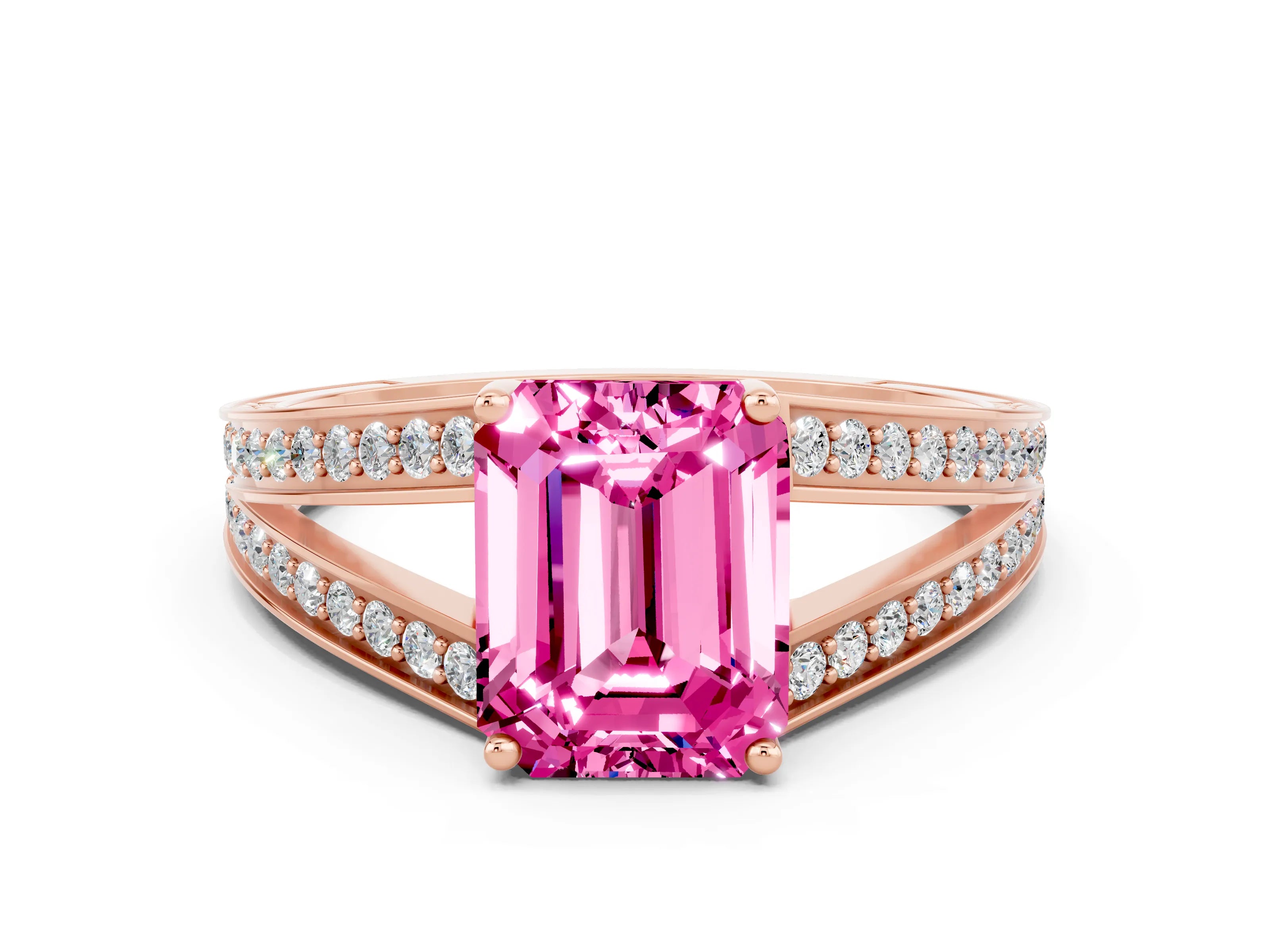 Rose gold Emerald Cut Pink Sapphire Split Shank Ring with Pavé Band and Four-Prong Setting