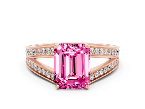 Rose gold Emerald Cut Pink Sapphire Split Shank Ring with Pavé Band and Four-Prong Setting