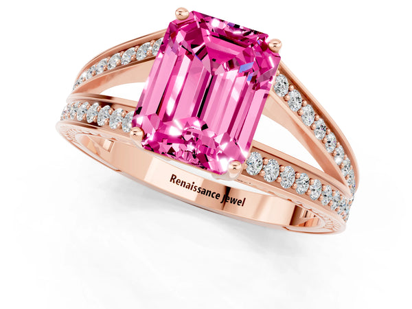Rose gold Emerald Cut Pink Sapphire Split Shank Ring with Pavé Band and Four-Prong Setting