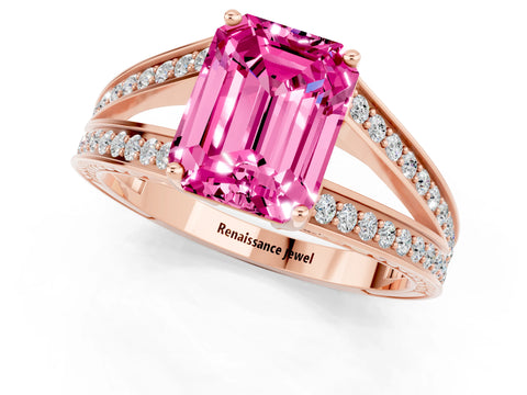 Rose gold Emerald Cut Pink Sapphire Split Shank Ring with Pavé Band and Four-Prong Setting_1