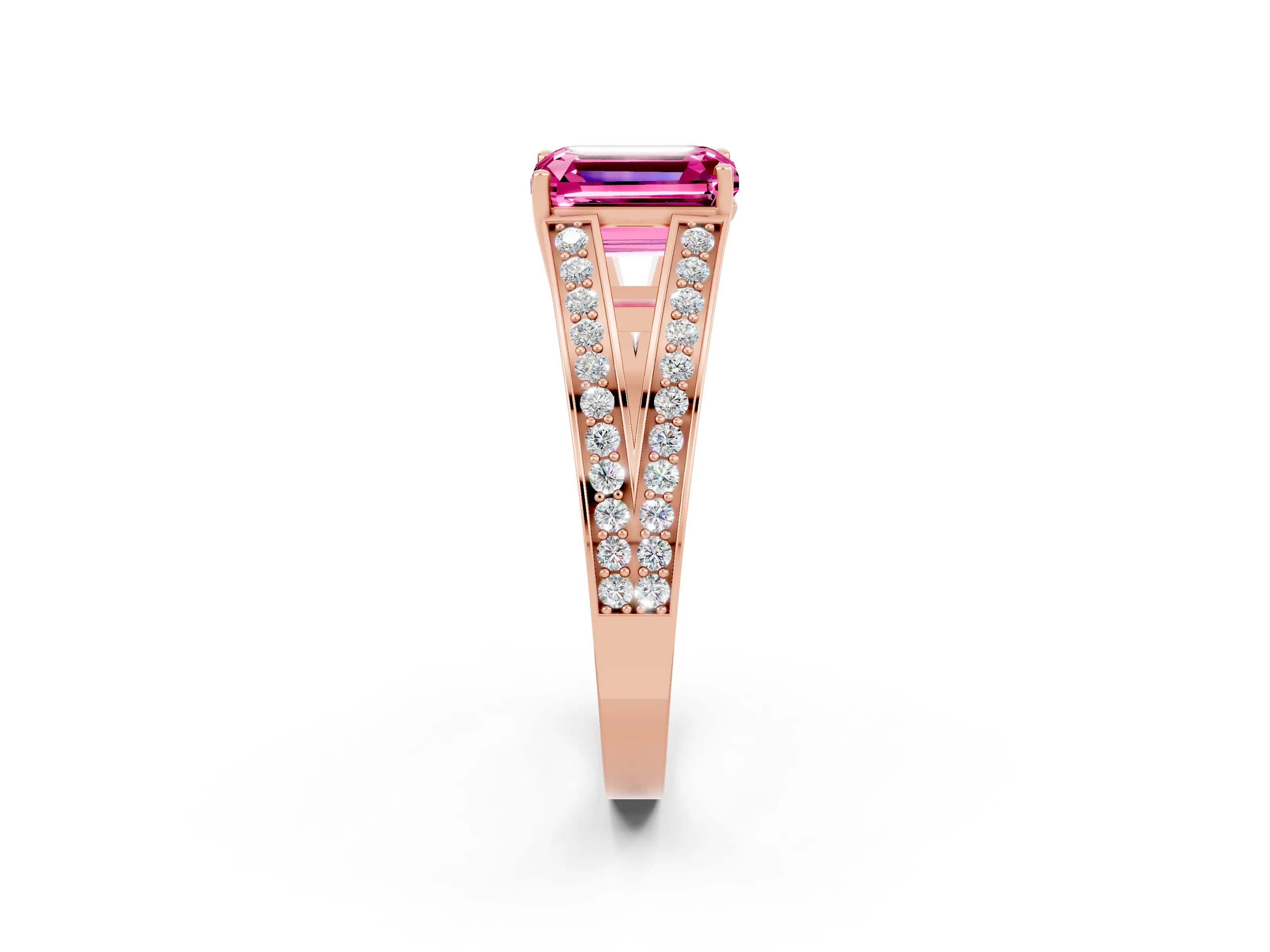 Rose gold Emerald Cut Pink Sapphire Split Shank Ring with Pavé Band and Four-Prong Setting_2