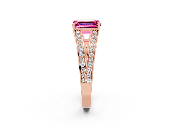 Rose gold Emerald Cut Pink Sapphire Split Shank Ring with Pavé Band and Four-Prong Setting
