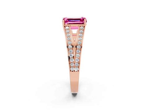 Rose gold Emerald Cut Pink Sapphire Split Shank Ring with Pavé Band and Four-Prong Setting_2