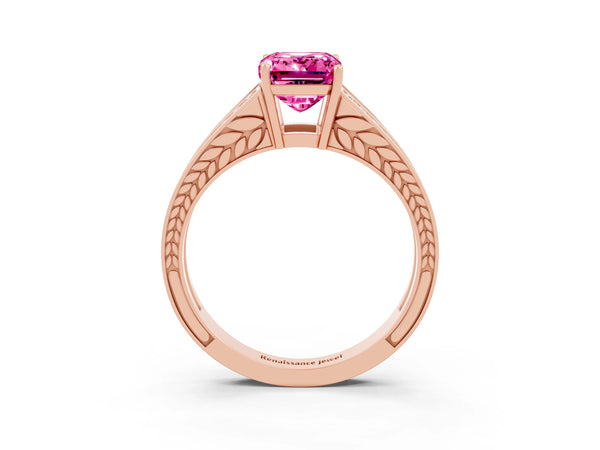 Rose gold Emerald Cut Pink Sapphire Split Shank Ring with Pavé Band and Four-Prong Setting
