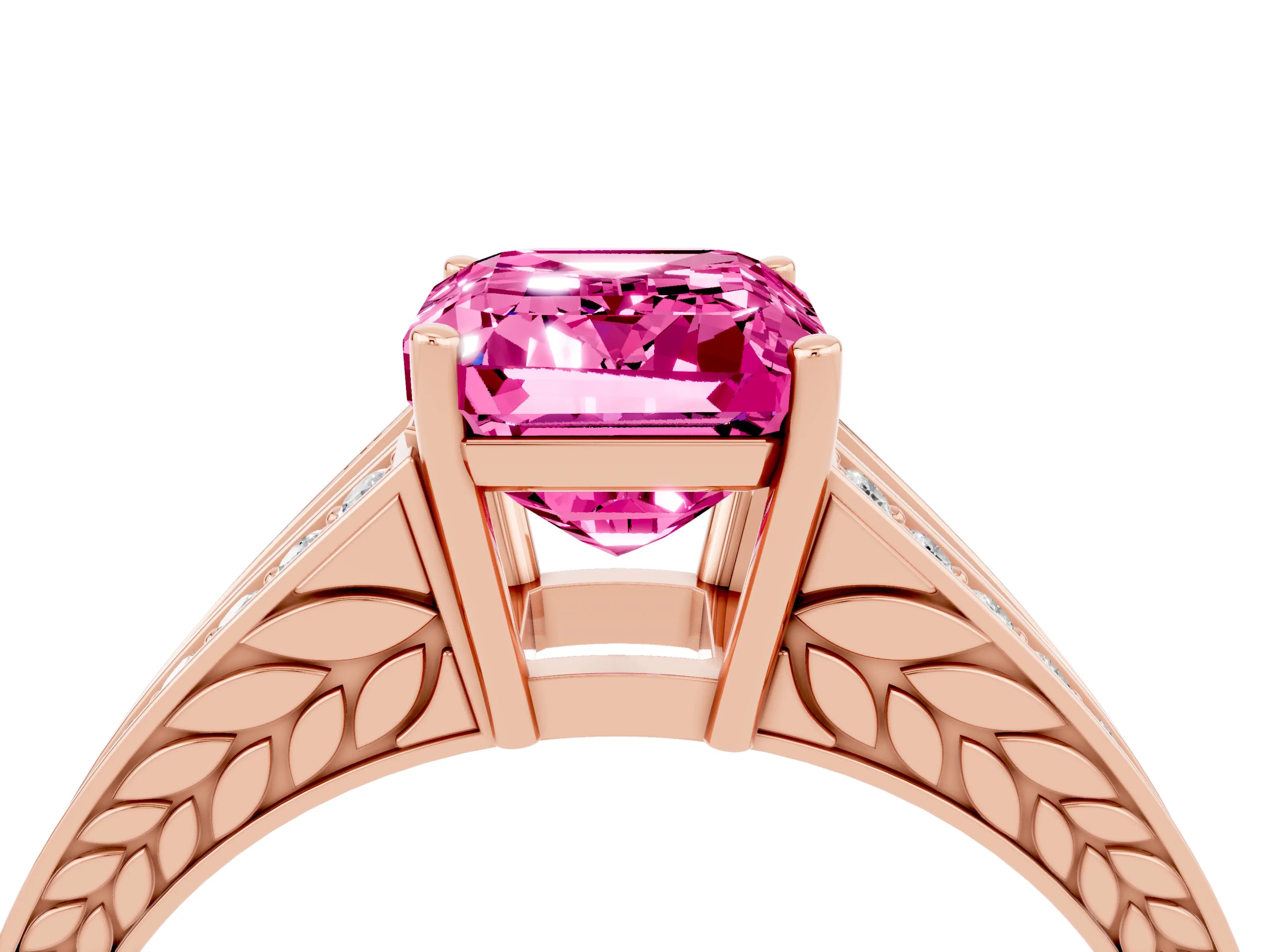 Rose gold Emerald Cut Pink Sapphire Split Shank Ring with Pavé Band and Four-Prong Setting_4
