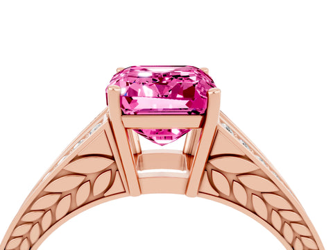 Rose gold Emerald Cut Pink Sapphire Split Shank Ring with Pavé Band and Four-Prong Setting_4