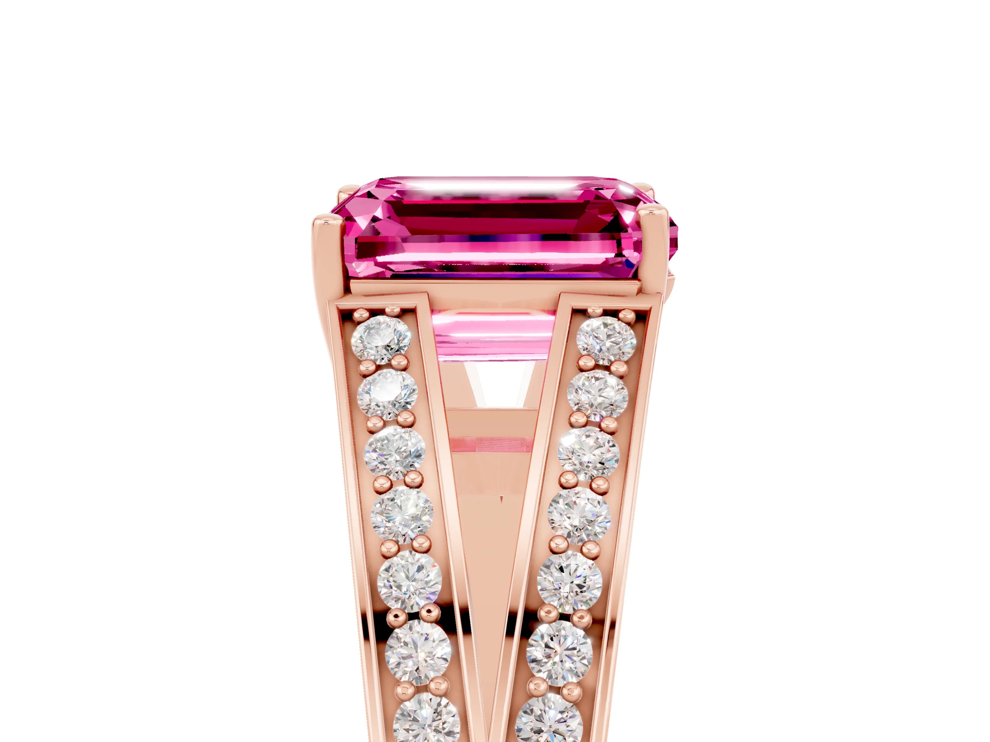 Rose gold Emerald Cut Pink Sapphire Split Shank Ring with Pavé Band and Four-Prong Setting_5
