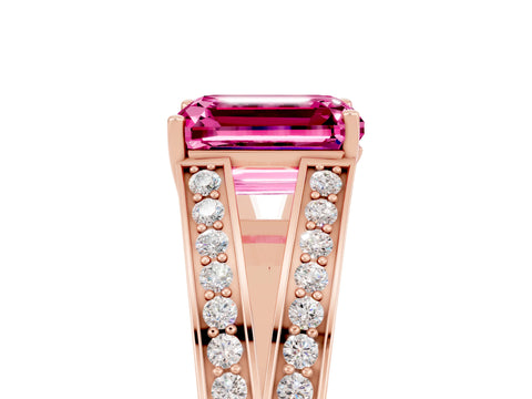 Rose gold Emerald Cut Pink Sapphire Split Shank Ring with Pavé Band and Four-Prong Setting_5