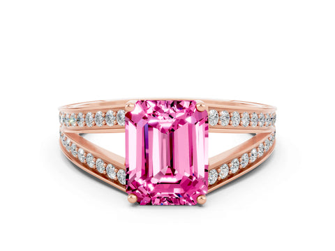 Rose gold Emerald Cut Pink Sapphire Split Shank Ring with Pavé Band and Four-Prong Setting