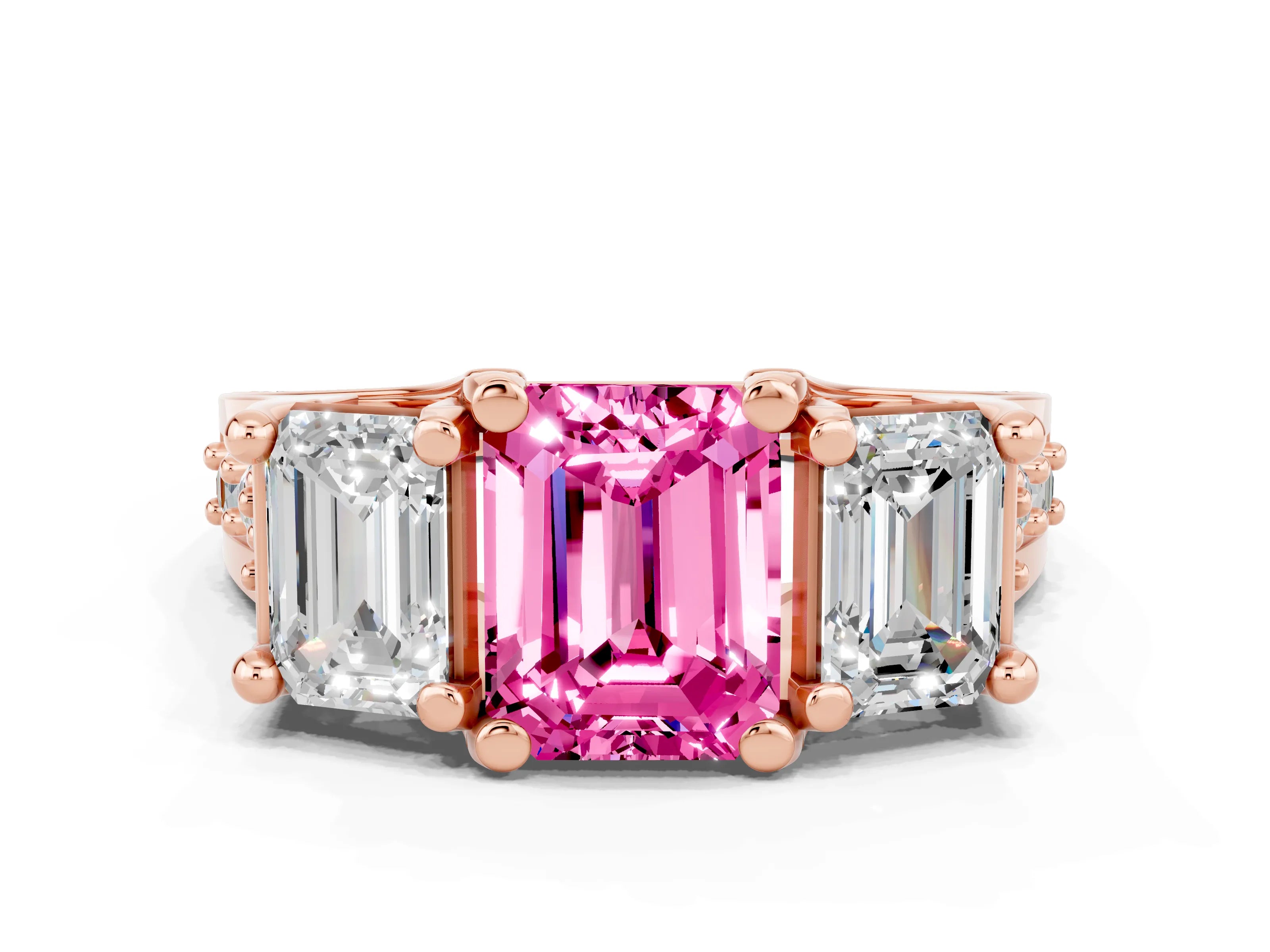 Rose gold Emerald Cut Pink Sapphire Three-Stone Ring with Channel Set Band and Four-Prong Setting