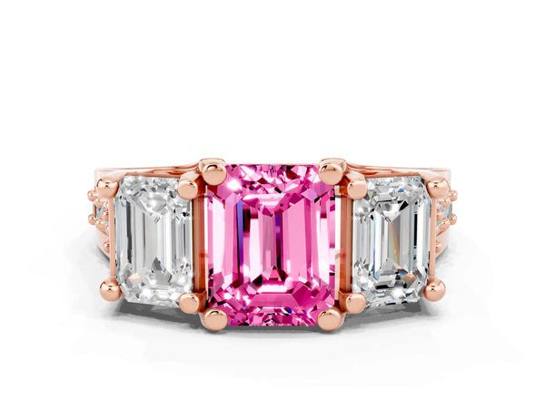 Rose gold Emerald Cut Pink Sapphire Three-Stone Ring with Channel Set Band and Four-Prong Setting