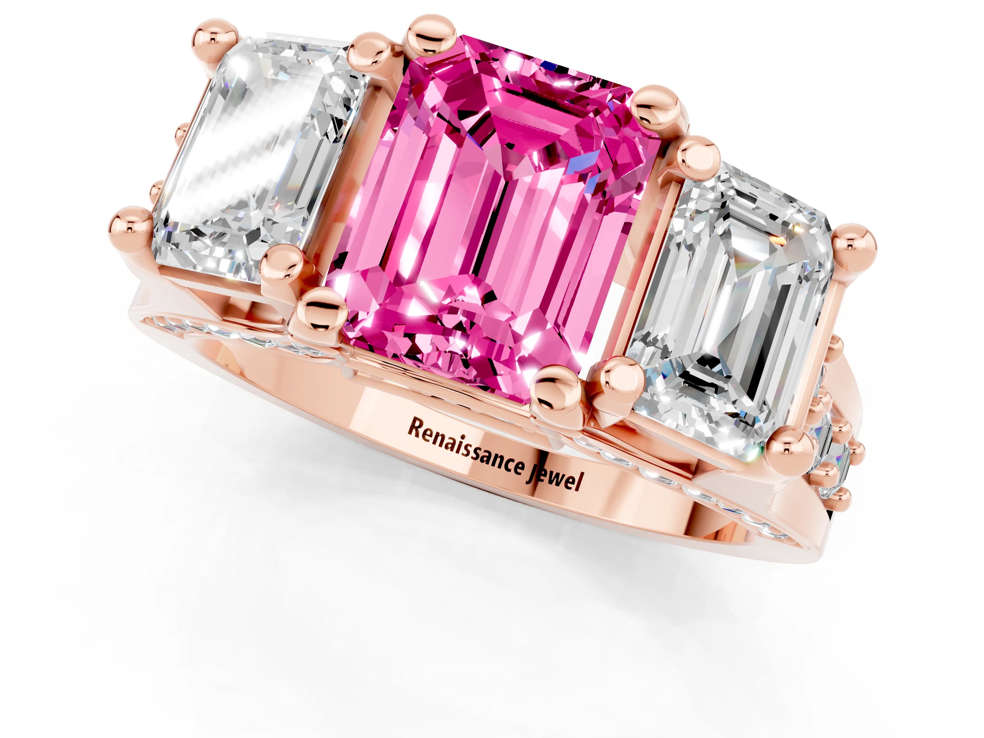 Rose gold Emerald Cut Pink Sapphire Three-Stone Ring with Channel Set Band and Four-Prong Setting_1
