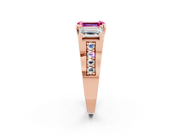 Rose gold Emerald Cut Pink Sapphire Three-Stone Ring with Channel Set Band and Four-Prong Setting