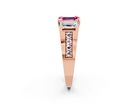Rose gold Emerald Cut Pink Sapphire Three-Stone Ring with Channel Set Band and Four-Prong Setting_2