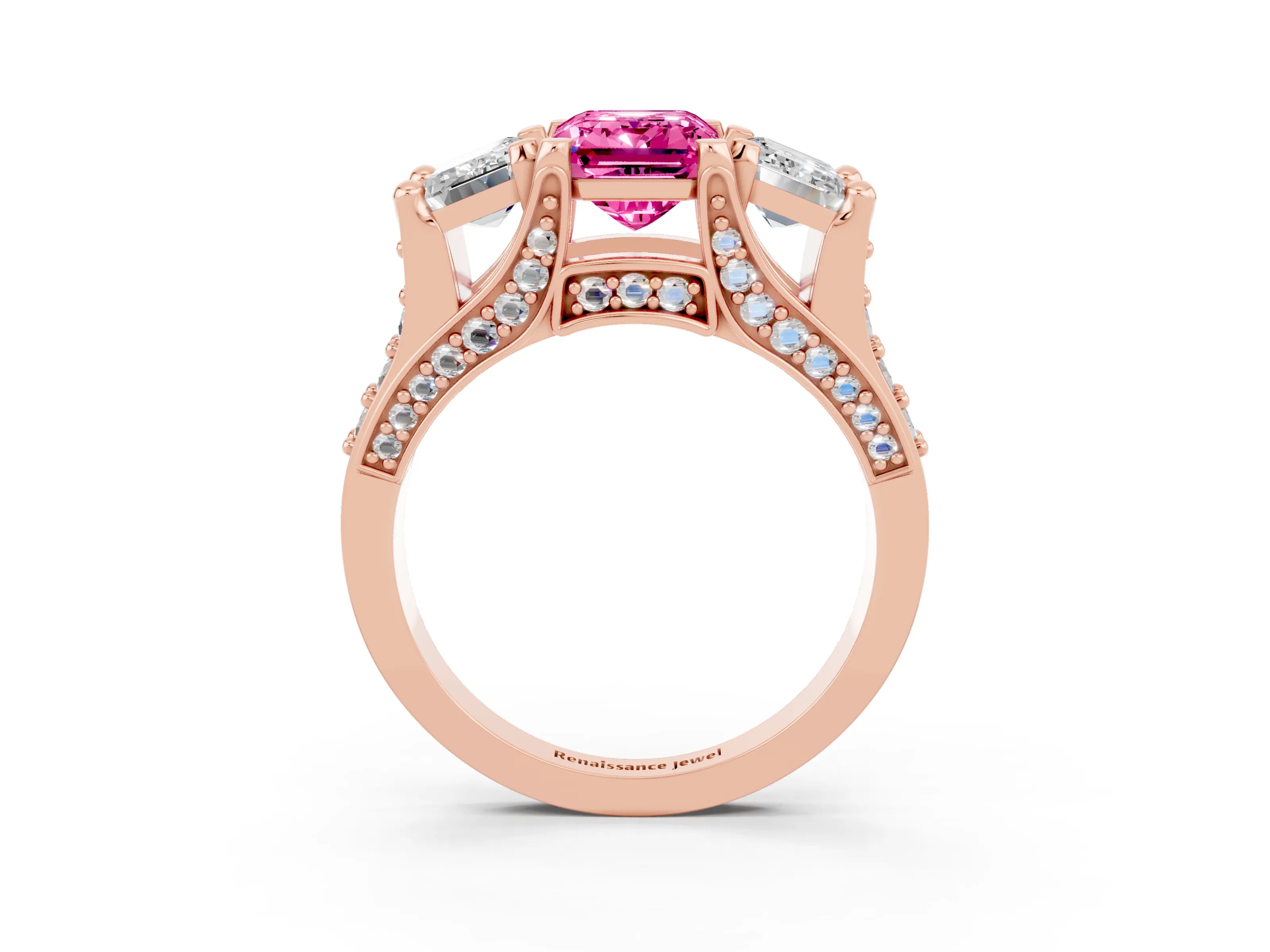 Rose gold Emerald Cut Pink Sapphire Three-Stone Ring with Channel Set Band and Four-Prong Setting_3