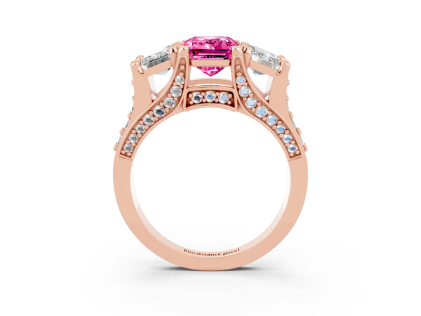 Rose gold Emerald Cut Pink Sapphire Three-Stone Ring with Channel Set Band and Four-Prong Setting