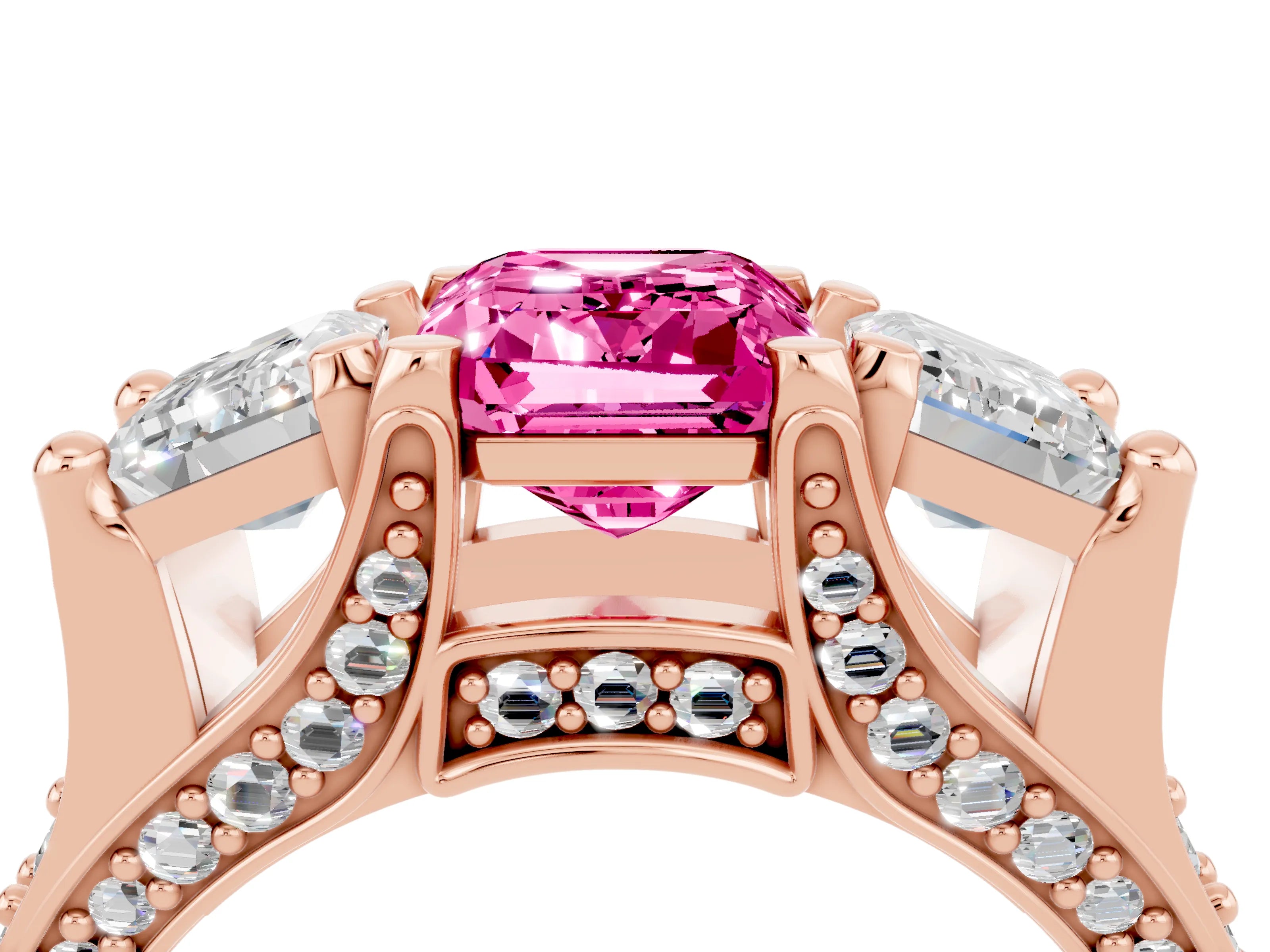 Rose gold Emerald Cut Pink Sapphire Three-Stone Ring with Channel Set Band and Four-Prong Setting_4