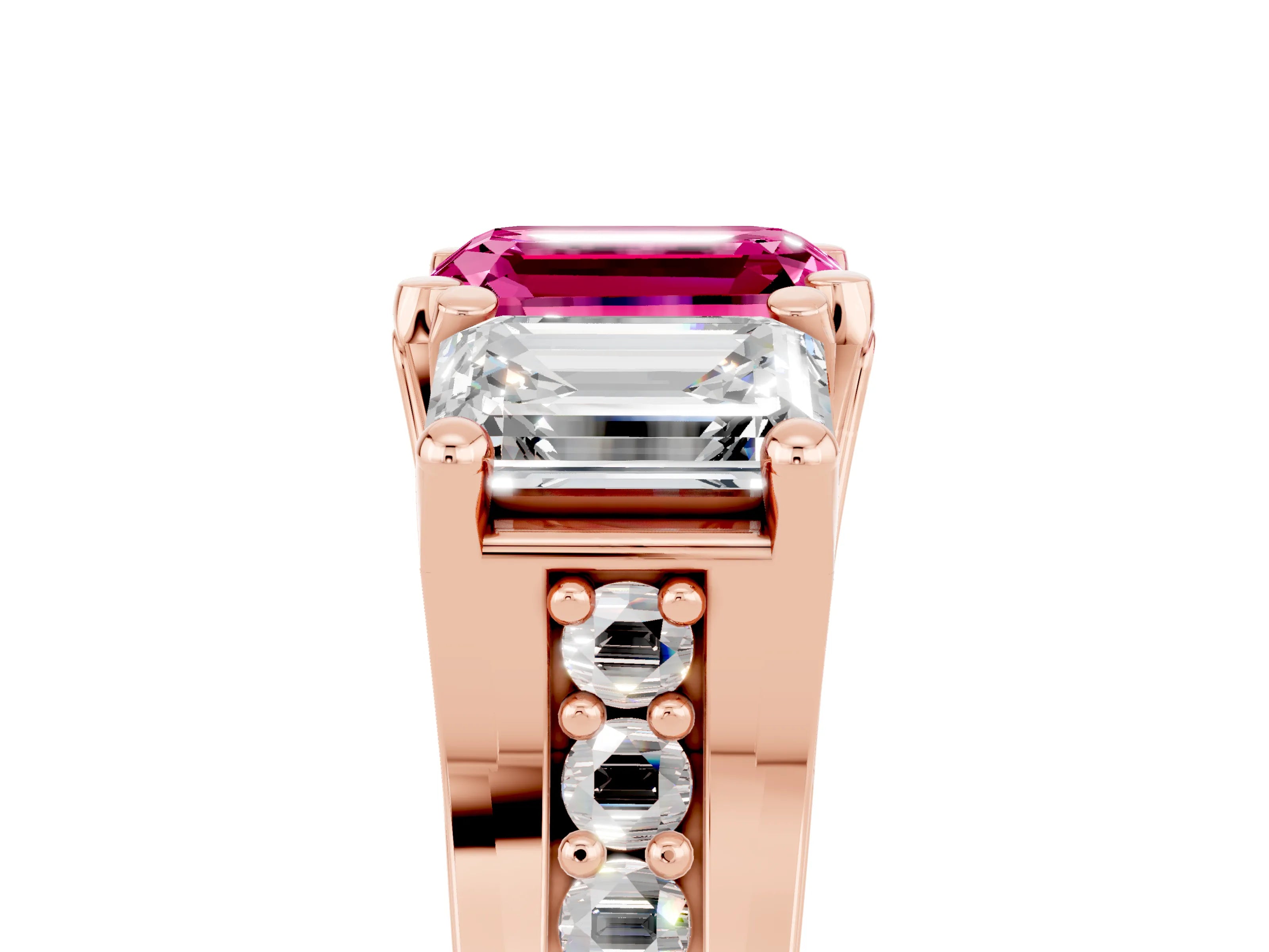 Rose gold Emerald Cut Pink Sapphire Three-Stone Ring with Channel Set Band and Four-Prong Setting_5