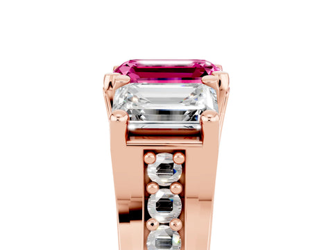 Rose gold Emerald Cut Pink Sapphire Three-Stone Ring with Channel Set Band and Four-Prong Setting_5