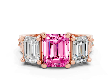 Rose gold Emerald Cut Pink Sapphire Three-Stone Ring with Channel Set Band and Four-Prong Setting