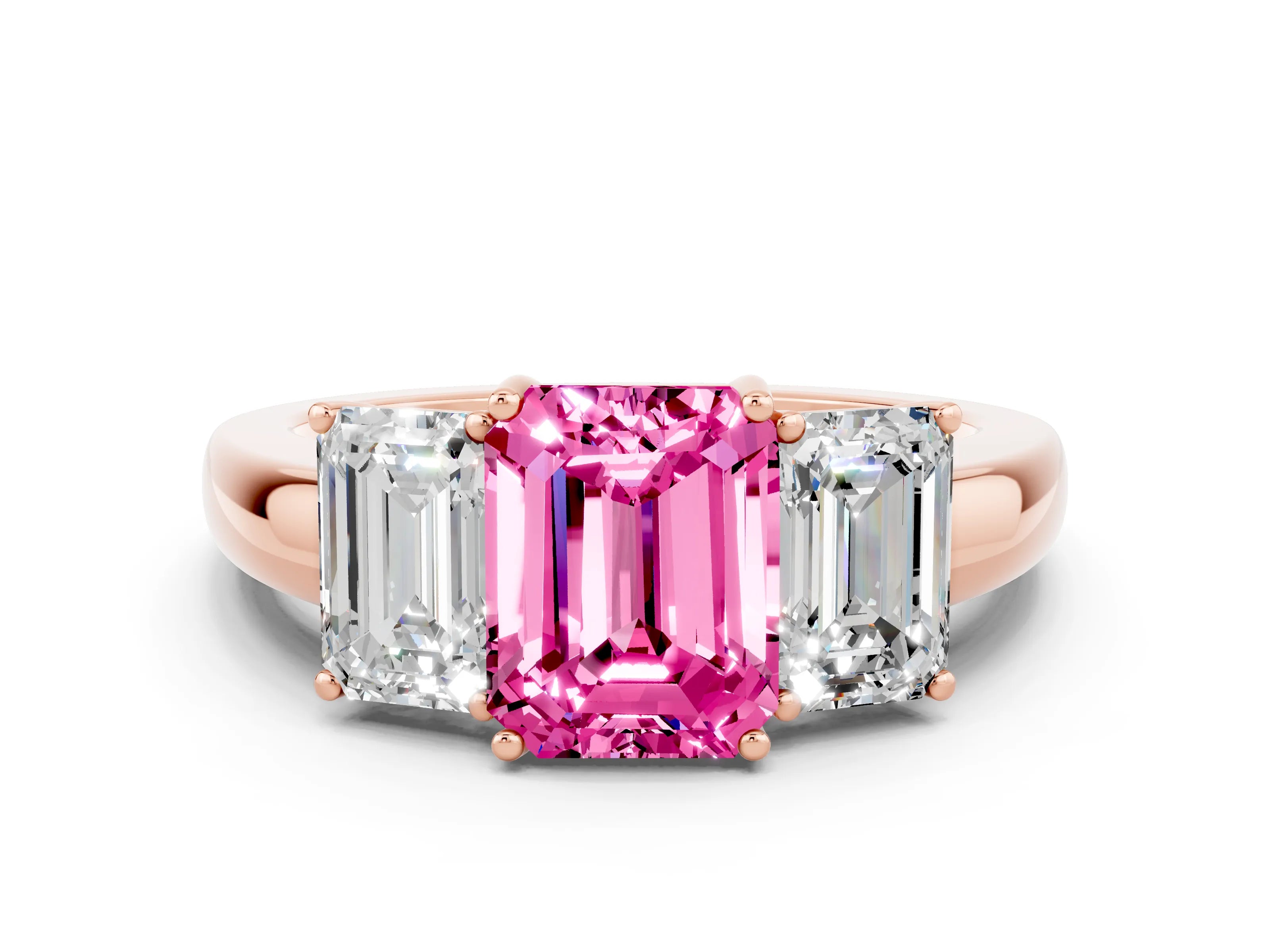Rose gold Emerald Cut Pink Sapphire Three-Stone Ring with Four-Prong Setting and Classic Band